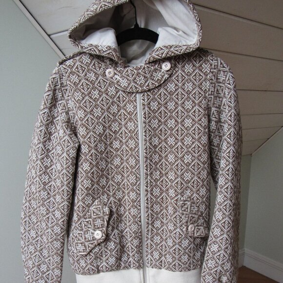 STUSSY Women's Zip Up Skater Hoodie Brown Geometric Pattern Juniors Medium - Picture 2 of 14